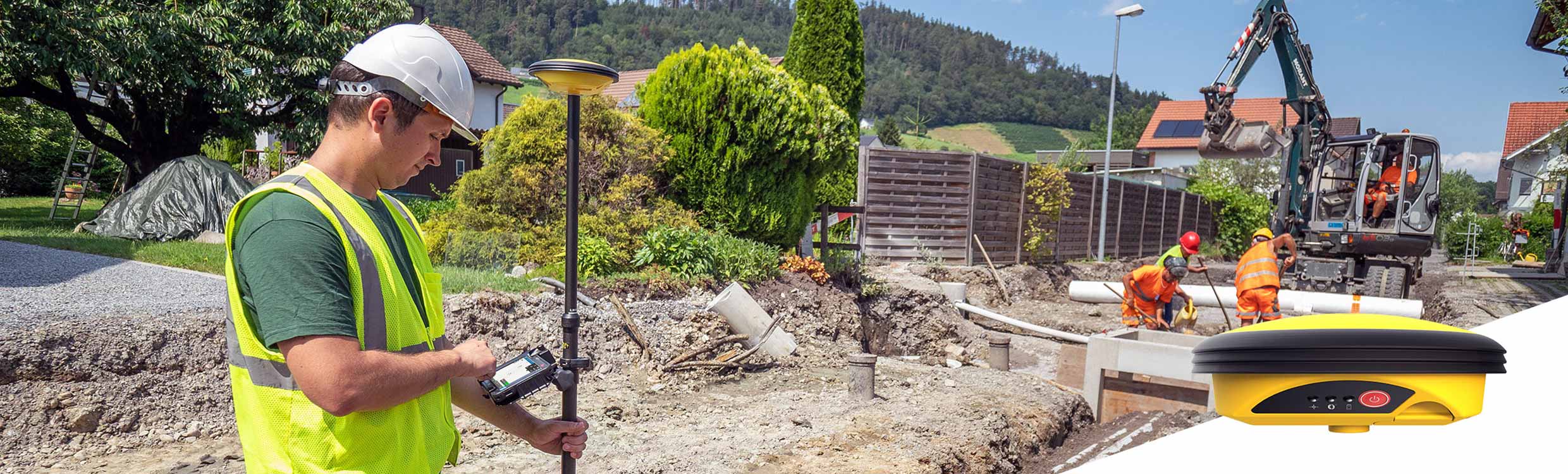 Construction worker in yellow safety vest measures points with a Leica iCON GPS 30 and a Leica iCON CC70 field controller.